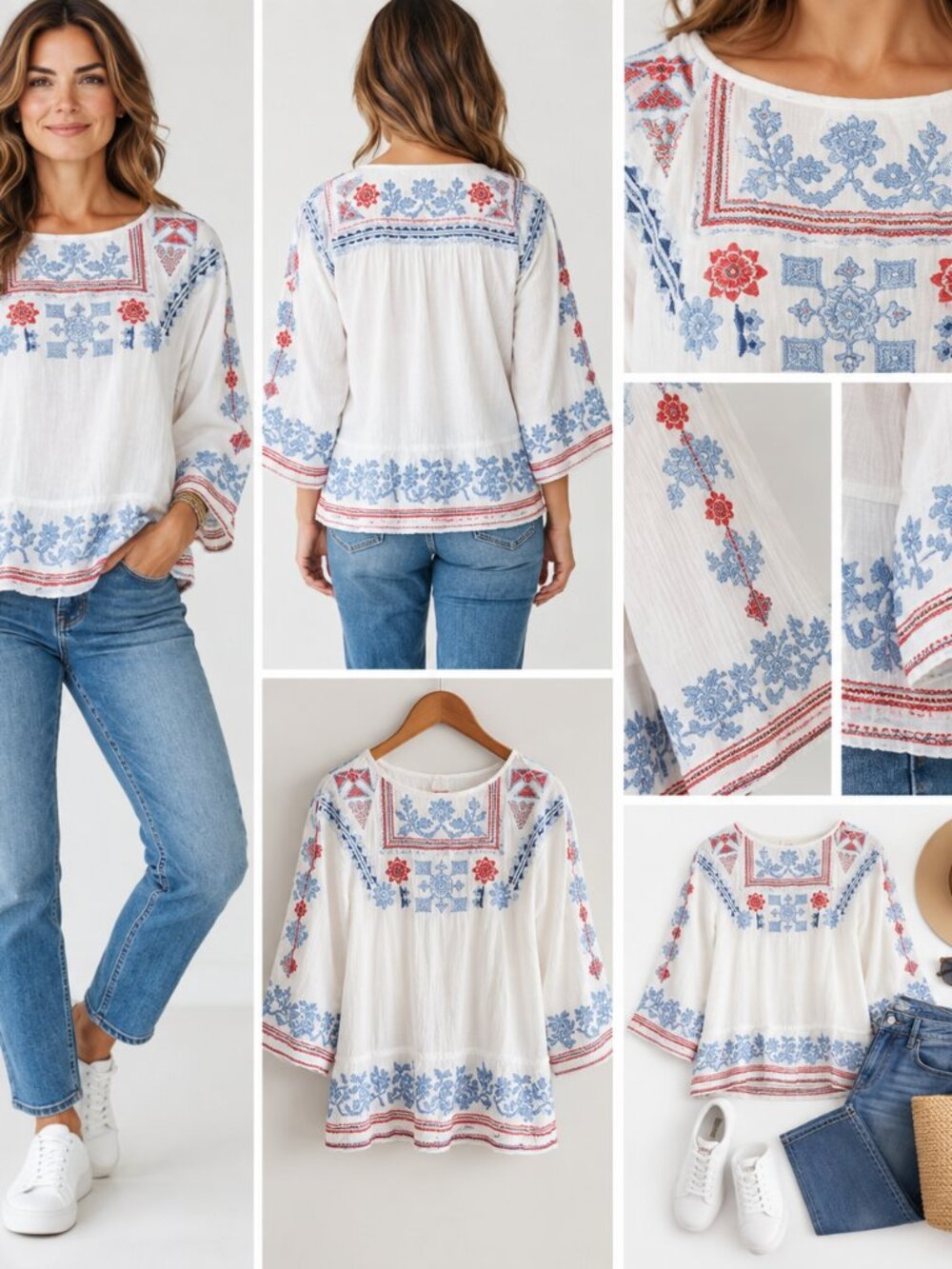 Johnny Was Sz S White Embroidered Ruffle Hem Blouse Boho Artisan Peasant Top
